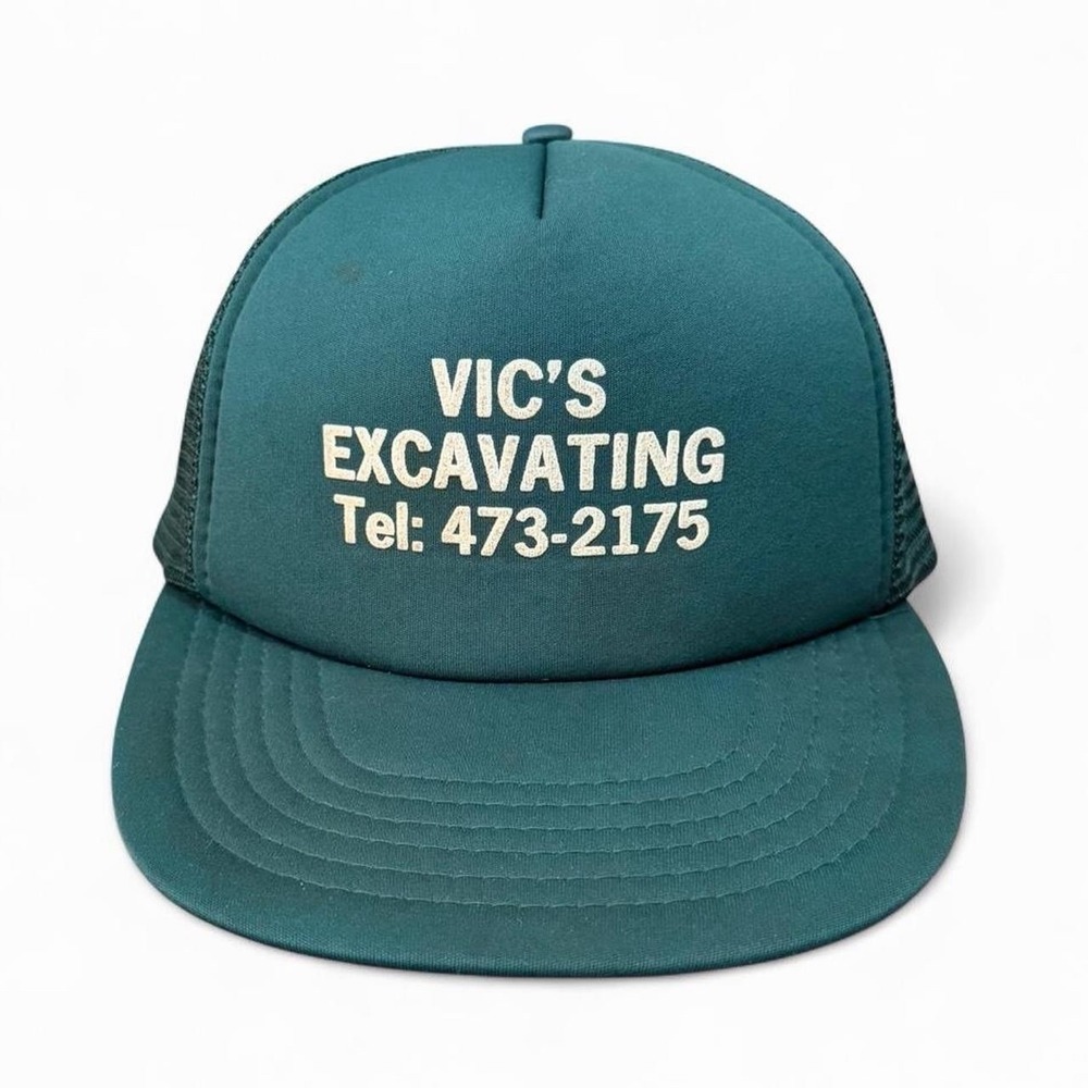 Vintage 90s Green Mesh Foam Vics Excavating Trucker Hat Cap OSFA